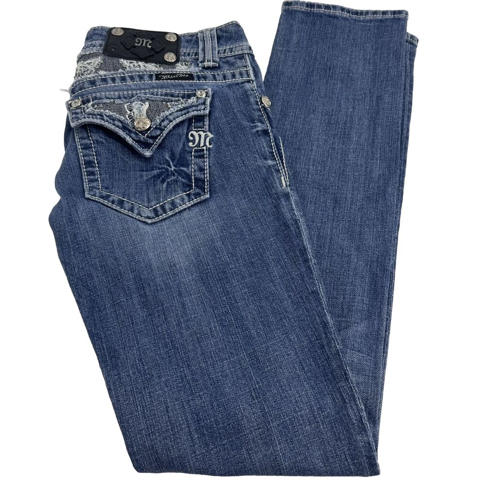 Miss Me Jeans Womens 28x32 Skinny Light Rhinestone Butterfly Lace Flap Pockets